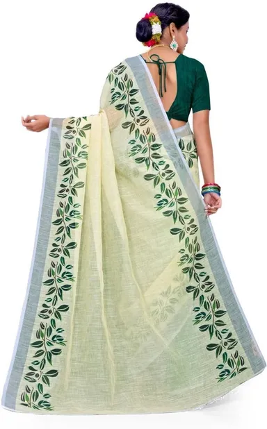 Hand Painted Off White Cotton Saree with Green Leafy Borders and Matching Blouse Piece thumbnail 0