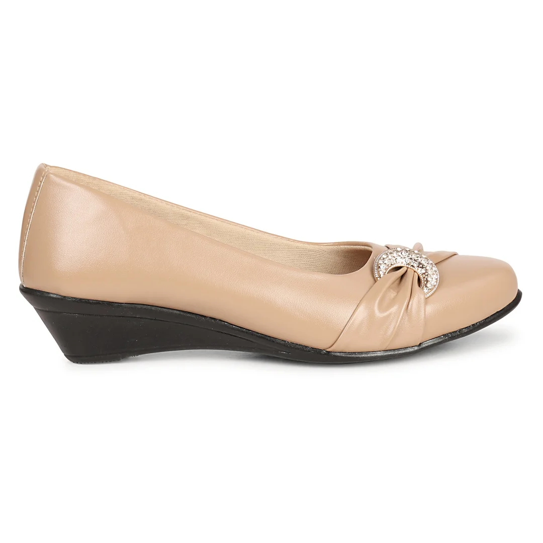Women’s Beige Low Wedge Heel Pumps with Rhinestone Buckle Detail – Elegant Round Toe Slip-On Formal Office & Party Wear Comfort Shoes Cream 3 image 3