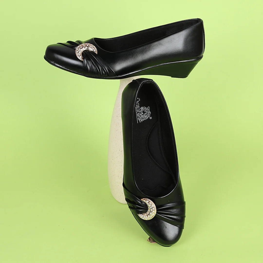 Women’s Beige Low Wedge Heel Pumps with Rhinestone Buckle Detail – Elegant Round Toe Slip-On Formal Office & Party Wear Comfort Shoes Black 3 image 1