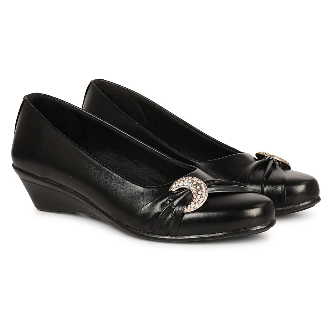 Women’s Beige Low Wedge Heel Pumps with Rhinestone Buckle Detail – Elegant Round Toe Slip-On Formal Office & Party Wear Comfort Shoes Black 6 image 5