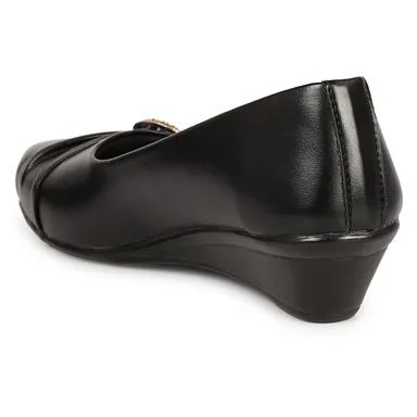 Women’s Beige Low Wedge Heel Pumps with Rhinestone Buckle Detail – Elegant Round Toe Slip-On Formal Office & Party Wear Comfort Shoes Black 8 thumbnail 3