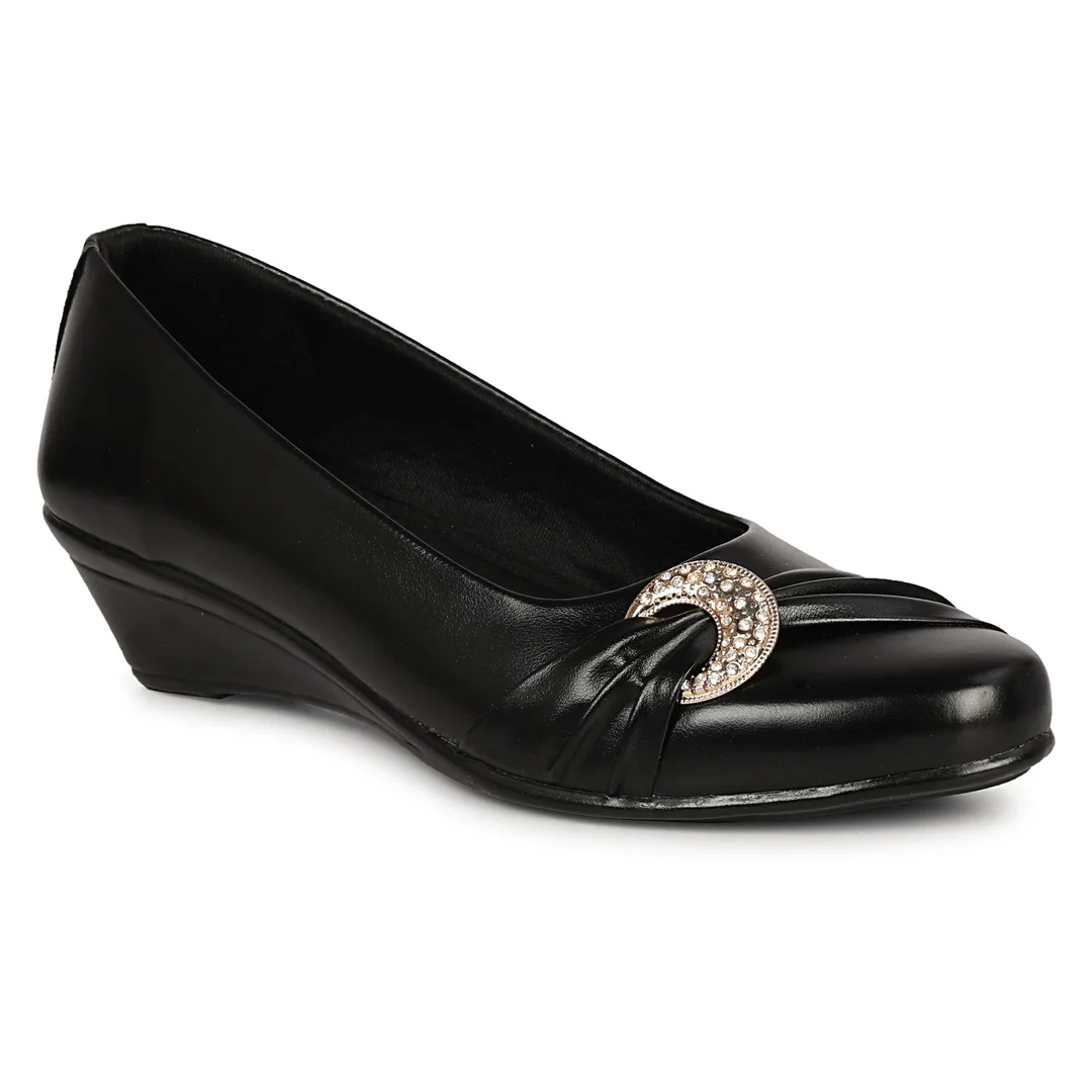 Women’s Beige Low Wedge Heel Pumps with Rhinestone Buckle Detail – Elegant Round Toe Slip-On Formal Office & Party Wear Comfort Shoes Black 9 image 2