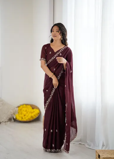 Georgette Brown Saree | Stylish Party Wear Saree for Women Meet Trendz Embroidered Bollywood Georgette Brown Saree Free Size thumbnail 1