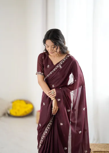 Georgette Brown Saree | Stylish Party Wear Saree for Women Meet Trendz Embroidered Bollywood Georgette Brown Saree Free Size thumbnail 2