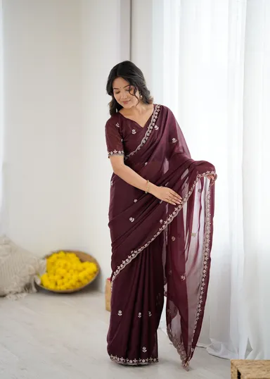 Georgette Brown Saree | Stylish Party Wear Saree for Women Meet Trendz Embroidered Bollywood Georgette Brown Saree Free Size thumbnail 3