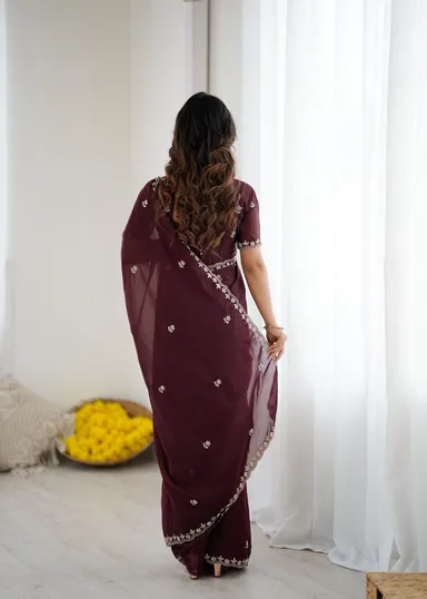 Georgette Brown Saree | Stylish Party Wear Saree for Women Meet Trendz Embroidered Bollywood Georgette Brown Saree Free Size thumbnail 4