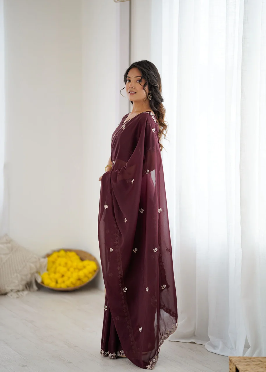 Georgette Brown Saree | Stylish Party Wear Saree for Women Meet Trendz Embroidered Bollywood Georgette Brown Saree Free Size image 6