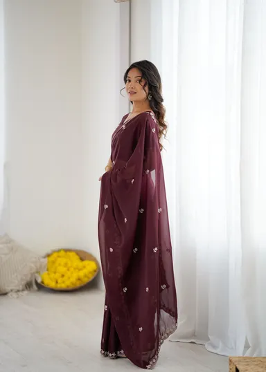 Georgette Brown Saree | Stylish Party Wear Saree for Women Meet Trendz Embroidered Bollywood Georgette Brown Saree Free Size thumbnail 5