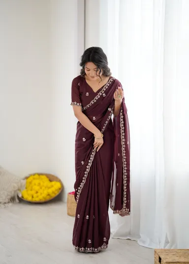 Georgette Brown Saree | Stylish Party Wear Saree for Women Meet Trendz Embroidered Bollywood Georgette Brown Saree Free Size thumbnail 0