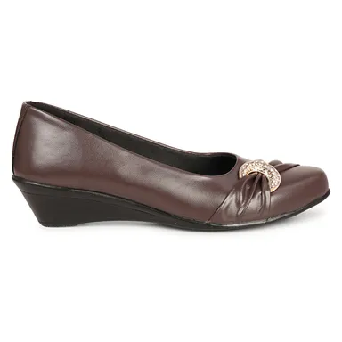 Women’s Beige Low Wedge Heel Pumps with Rhinestone Buckle Detail – Elegant Round Toe Slip-On Formal Office & Party Wear Comfort Shoes Brown 3 thumbnail 2