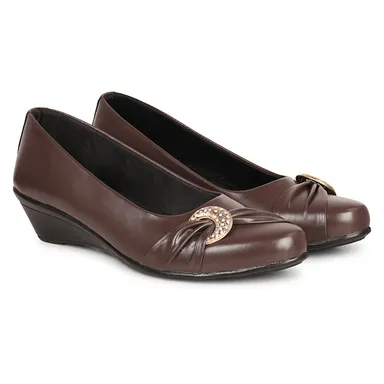 Women’s Beige Low Wedge Heel Pumps with Rhinestone Buckle Detail – Elegant Round Toe Slip-On Formal Office & Party Wear Comfort Shoes Brown 3 thumbnail 4