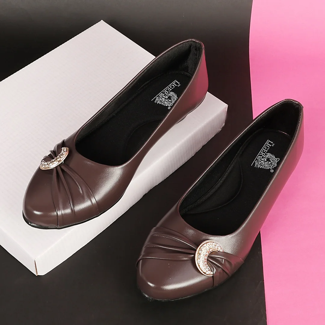 Women’s Beige Low Wedge Heel Pumps with Rhinestone Buckle Detail – Elegant Round Toe Slip-On Formal Office & Party Wear Comfort Shoes Brown 4 image 1