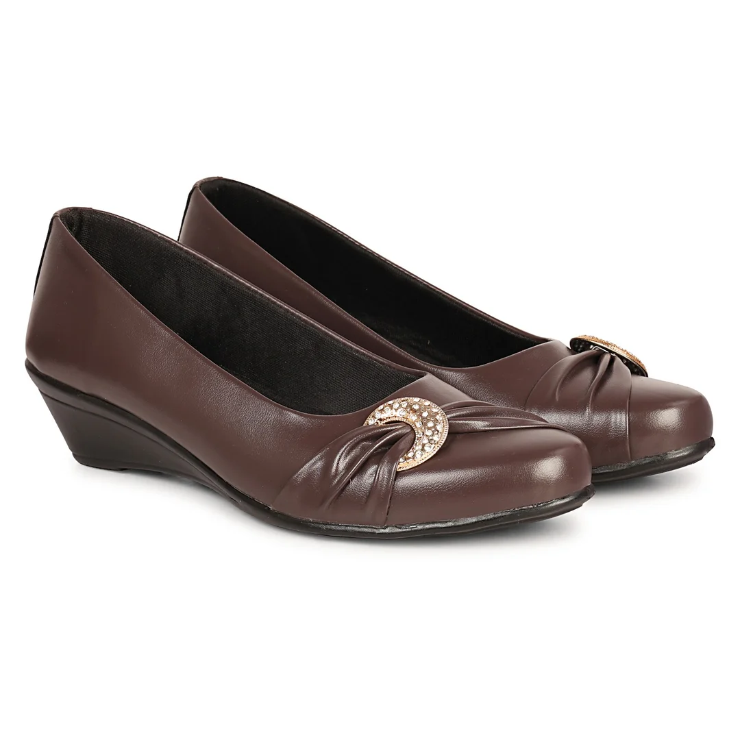 Women’s Beige Low Wedge Heel Pumps with Rhinestone Buckle Detail – Elegant Round Toe Slip-On Formal Office & Party Wear Comfort Shoes Brown 5 image 5