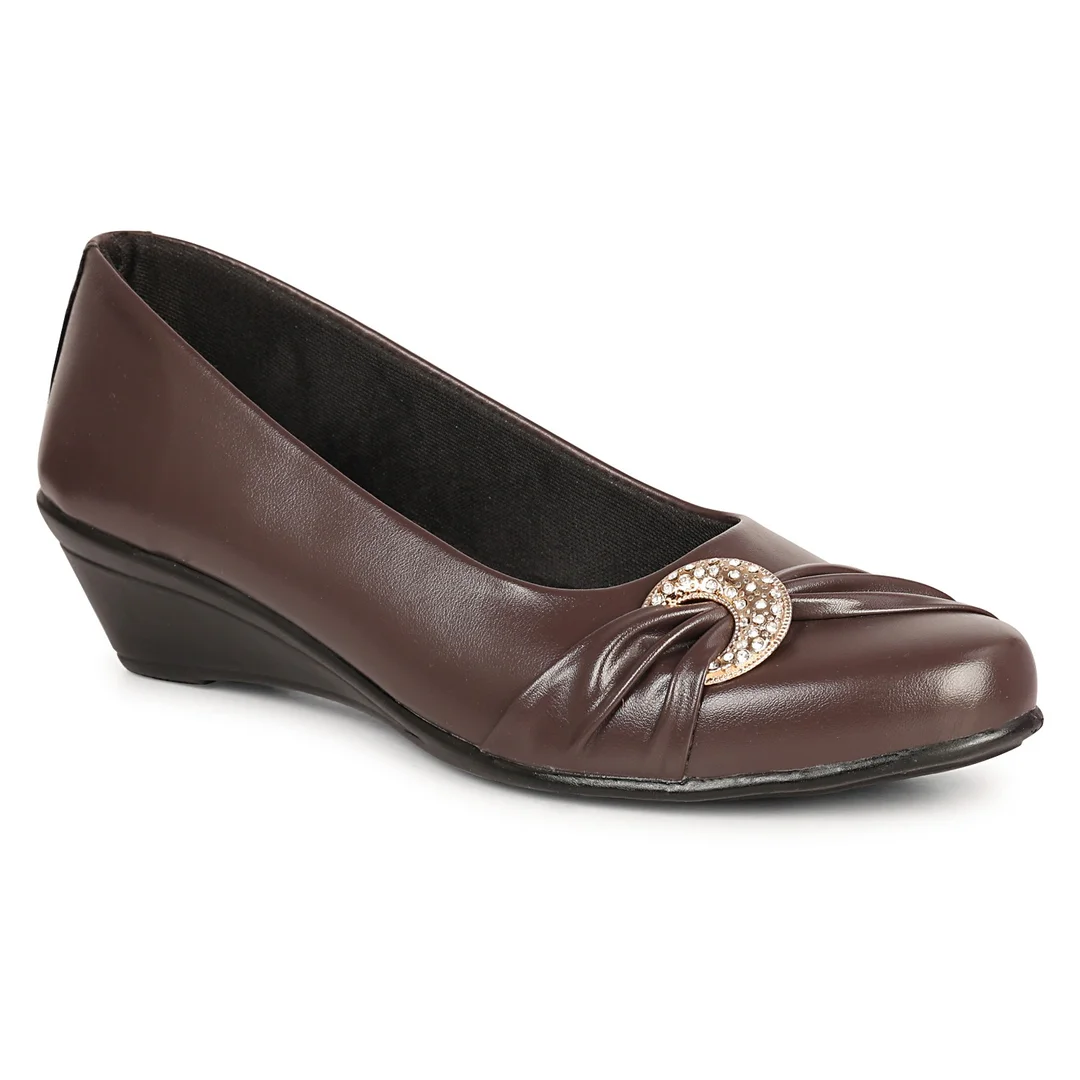 Women’s Beige Low Wedge Heel Pumps with Rhinestone Buckle Detail – Elegant Round Toe Slip-On Formal Office & Party Wear Comfort Shoes Brown 9 image 2