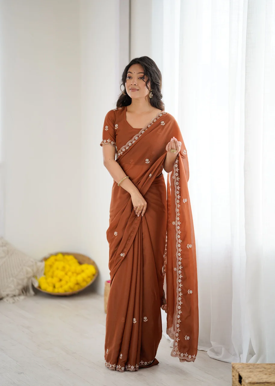 Georgette Brown Saree | Stylish Party Wear Saree for Women Brown Georgette Saree Free Size image 2