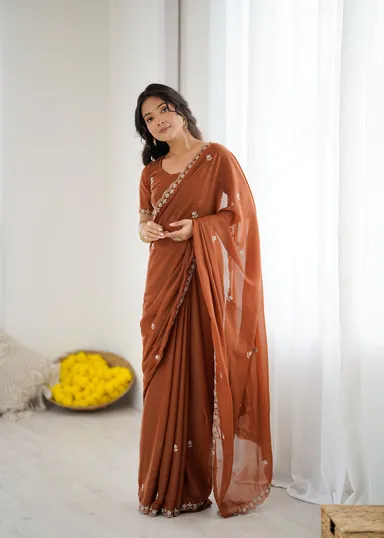 Georgette Brown Saree | Stylish Party Wear Saree for Women Brown Georgette Saree Free Size thumbnail 3