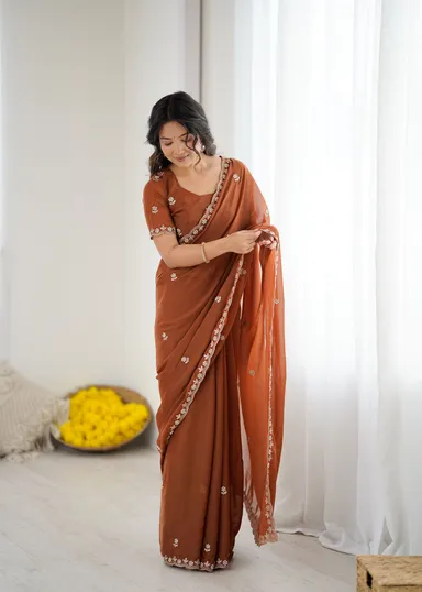 Georgette Brown Saree | Stylish Party Wear Saree for Women Brown Georgette Saree Free Size thumbnail 0