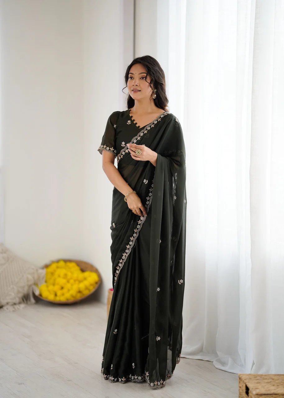 Georgette Brown Saree | Stylish Party Wear Saree for Women Bottle Green Georgette Saree Free Size image 2