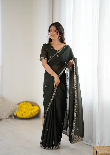 Georgette Brown Saree | Stylish Party Wear Saree for Women Bottle Green Georgette Saree Free Size thumbnail 2