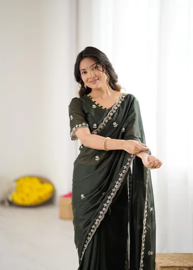 Georgette Brown Saree | Stylish Party Wear Saree for Women Bottle Green Georgette Saree Free Size thumbnail 3