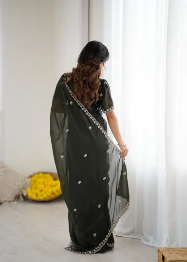 Georgette Brown Saree | Stylish Party Wear Saree for Women Bottle Green Georgette Saree Free Size thumbnail 0