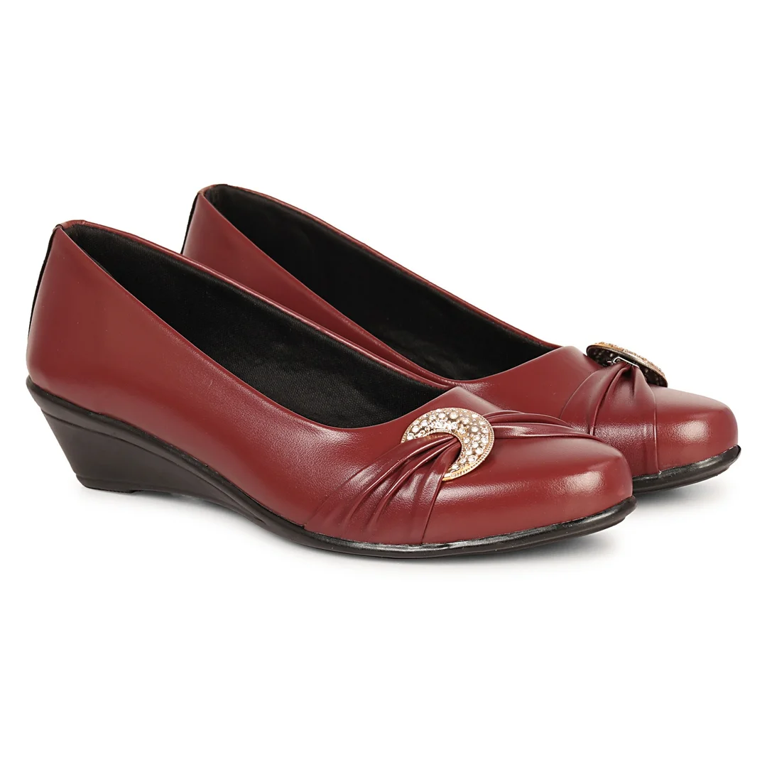 Women’s Beige Low Wedge Heel Pumps with Rhinestone Buckle Detail – Elegant Round Toe Slip-On Formal Office & Party Wear Comfort Shoes Dark Red 3 image 5