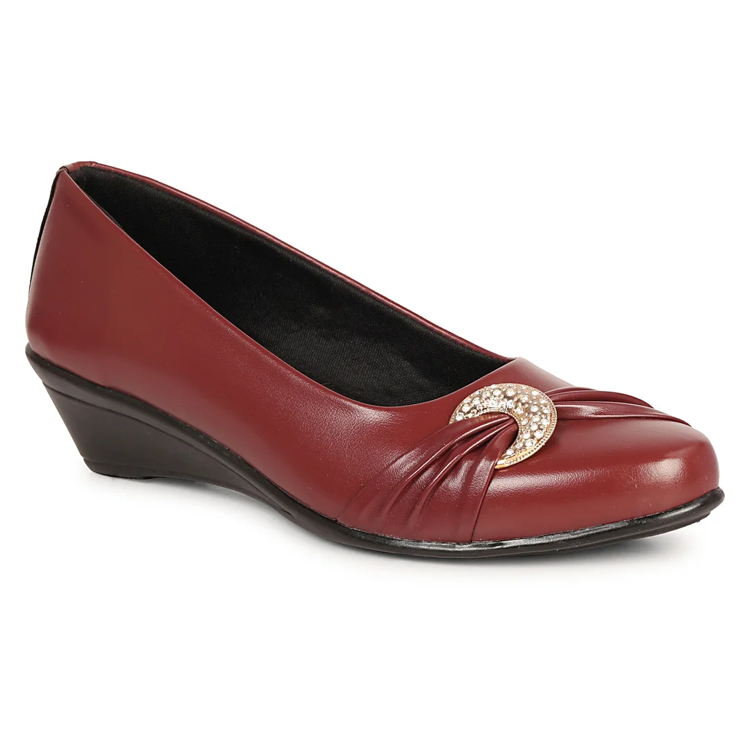 Women’s Beige Low Wedge Heel Pumps with Rhinestone Buckle Detail – Elegant Round Toe Slip-On Formal Office & Party Wear Comfort Shoes Dark Red 4 image 2