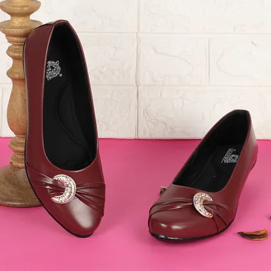 Women’s Beige Low Wedge Heel Pumps with Rhinestone Buckle Detail – Elegant Round Toe Slip-On Formal Office & Party Wear Comfort Shoes Dark Red 6 thumbnail 0