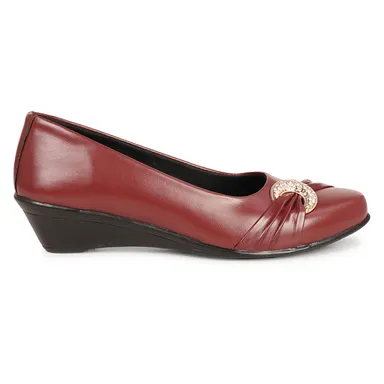 Women’s Beige Low Wedge Heel Pumps with Rhinestone Buckle Detail – Elegant Round Toe Slip-On Formal Office & Party Wear Comfort Shoes Dark Red 8 thumbnail 2