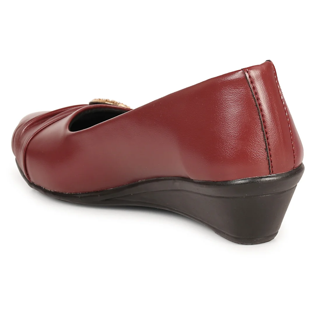 Women’s Beige Low Wedge Heel Pumps with Rhinestone Buckle Detail – Elegant Round Toe Slip-On Formal Office & Party Wear Comfort Shoes Dark Red 8 image 4