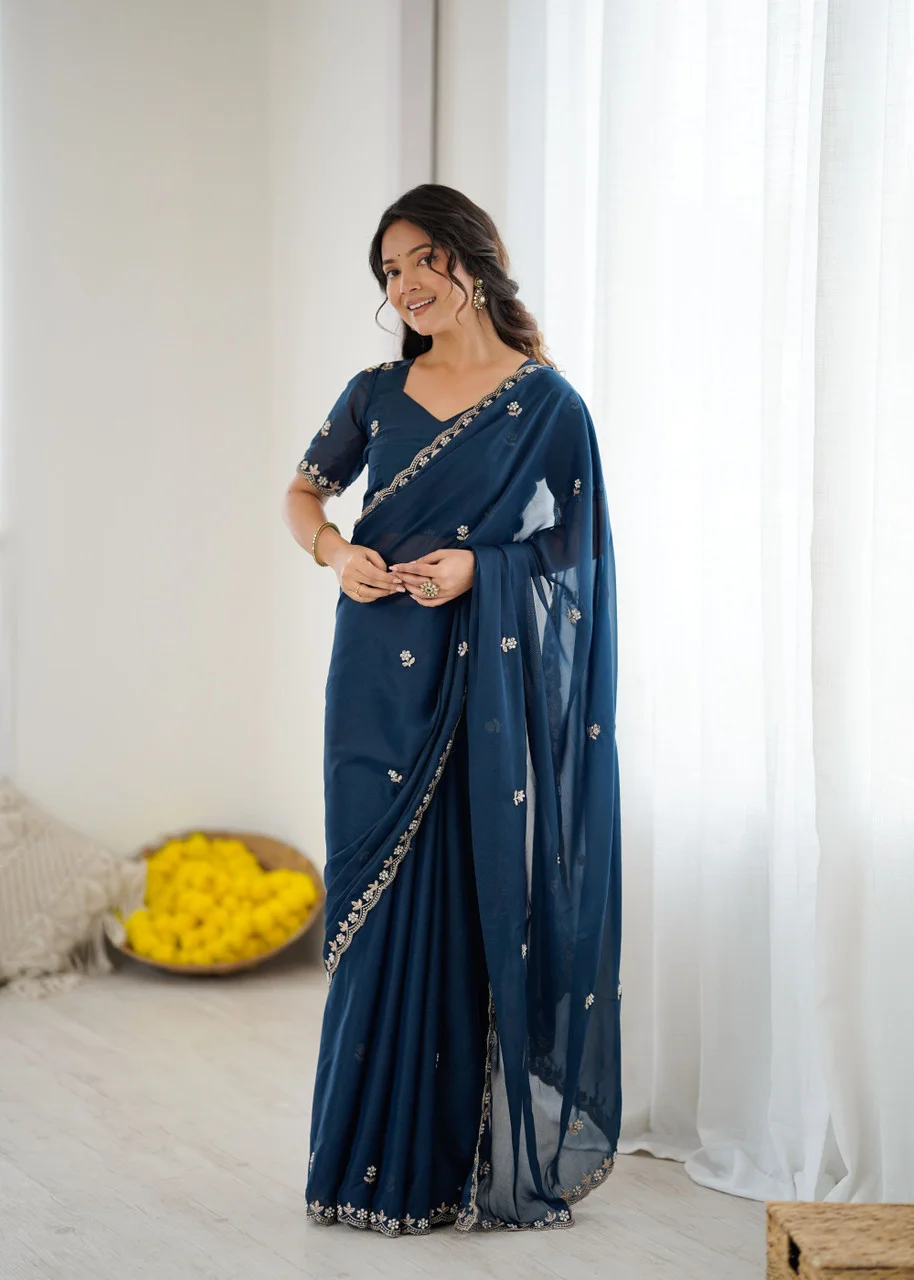 Georgette Brown Saree | Stylish Party Wear Saree for Women Elegant Navy Blue Georgette Saree Free Size image 2
