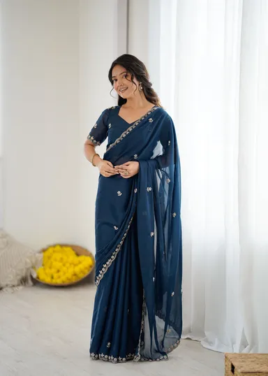 Georgette Brown Saree | Stylish Party Wear Saree for Women Elegant Navy Blue Georgette Saree Free Size thumbnail 1