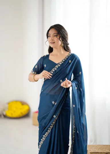 Georgette Brown Saree | Stylish Party Wear Saree for Women Elegant Navy Blue Georgette Saree Free Size thumbnail 2