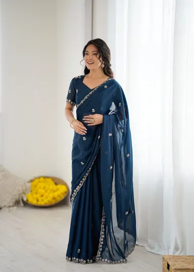 Georgette Brown Saree | Stylish Party Wear Saree for Women Elegant Navy Blue Georgette Saree Free Size thumbnail 0
