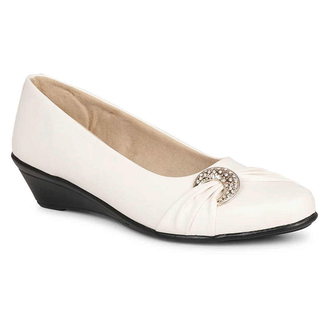 Women’s Beige Low Wedge Heel Pumps with Rhinestone Buckle Detail – Elegant Round Toe Slip-On Formal Office & Party Wear Comfort Shoes White 3 image 2