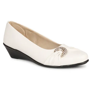 Women’s Beige Low Wedge Heel Pumps with Rhinestone Buckle Detail – Elegant Round Toe Slip-On Formal Office & Party Wear Comfort Shoes White 3 thumbnail 1