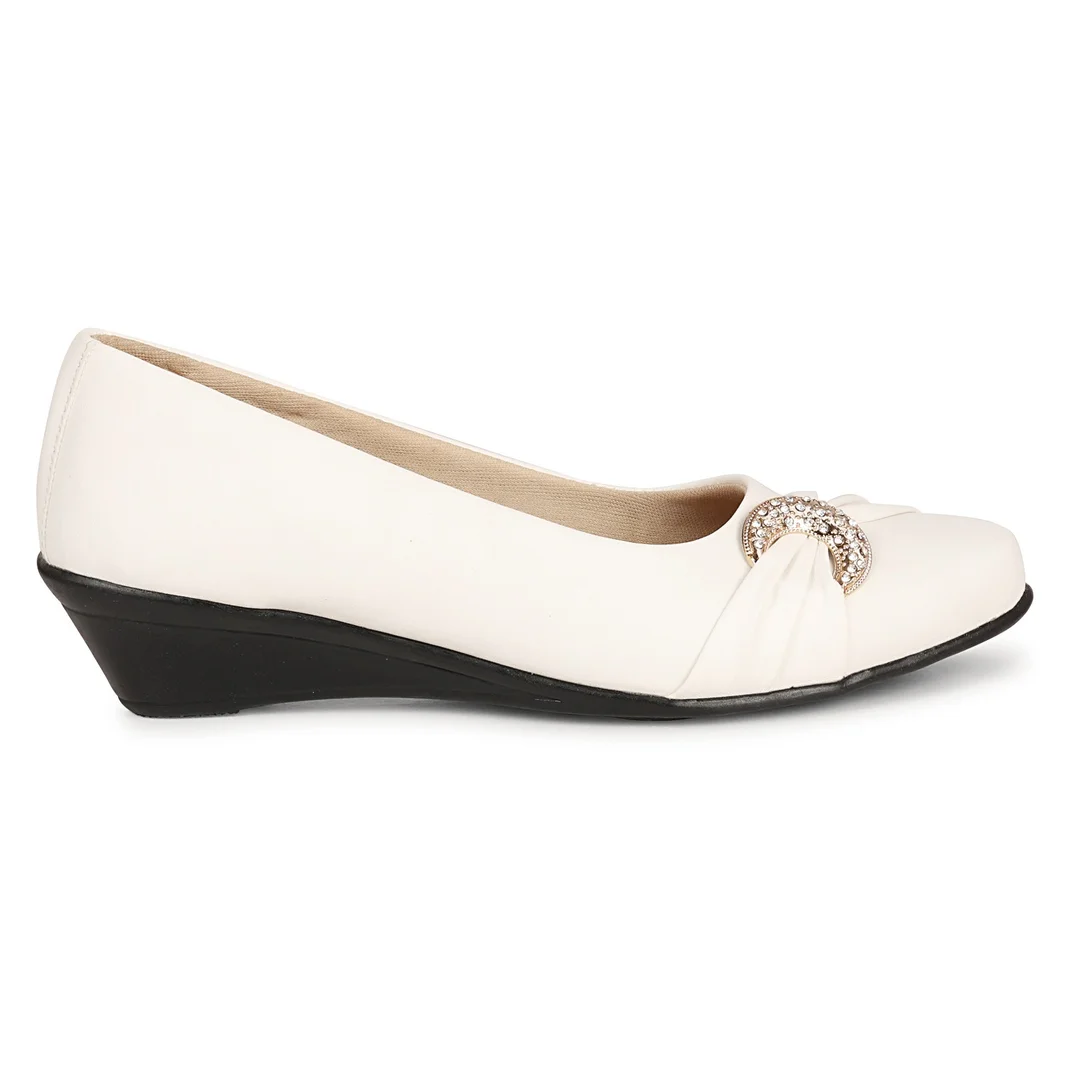 Women’s Beige Low Wedge Heel Pumps with Rhinestone Buckle Detail – Elegant Round Toe Slip-On Formal Office & Party Wear Comfort Shoes White 3 image 3