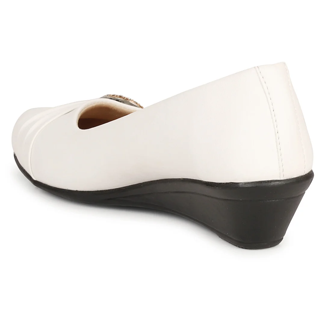 Women’s Beige Low Wedge Heel Pumps with Rhinestone Buckle Detail – Elegant Round Toe Slip-On Formal Office & Party Wear Comfort Shoes White 3 image 4