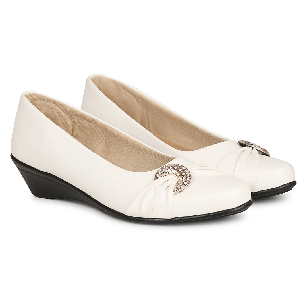 Women’s Beige Low Wedge Heel Pumps with Rhinestone Buckle Detail – Elegant Round Toe Slip-On Formal Office & Party Wear Comfort Shoes White 3 image 5