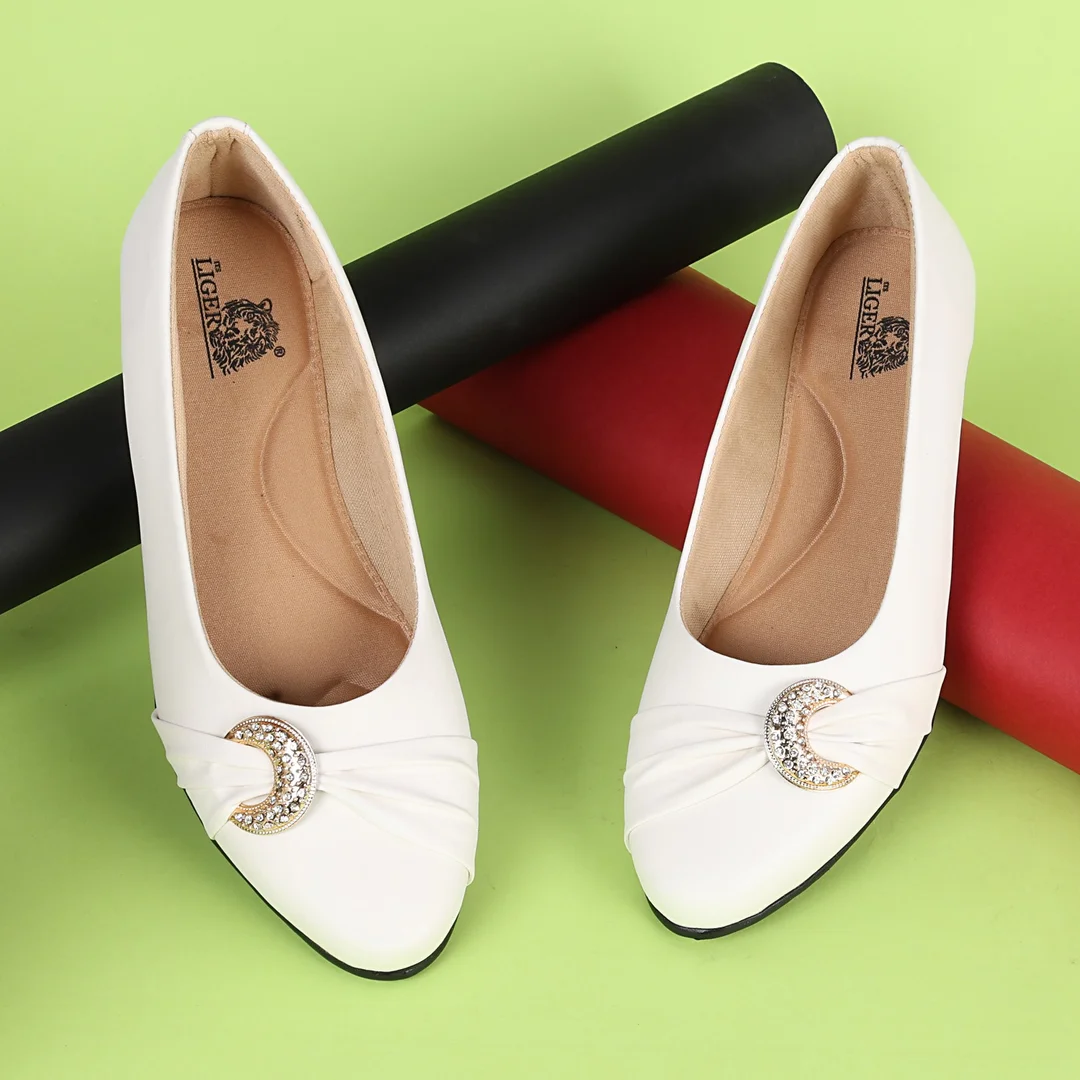 Women’s Beige Low Wedge Heel Pumps with Rhinestone Buckle Detail – Elegant Round Toe Slip-On Formal Office & Party Wear Comfort Shoes White 6 image 1
