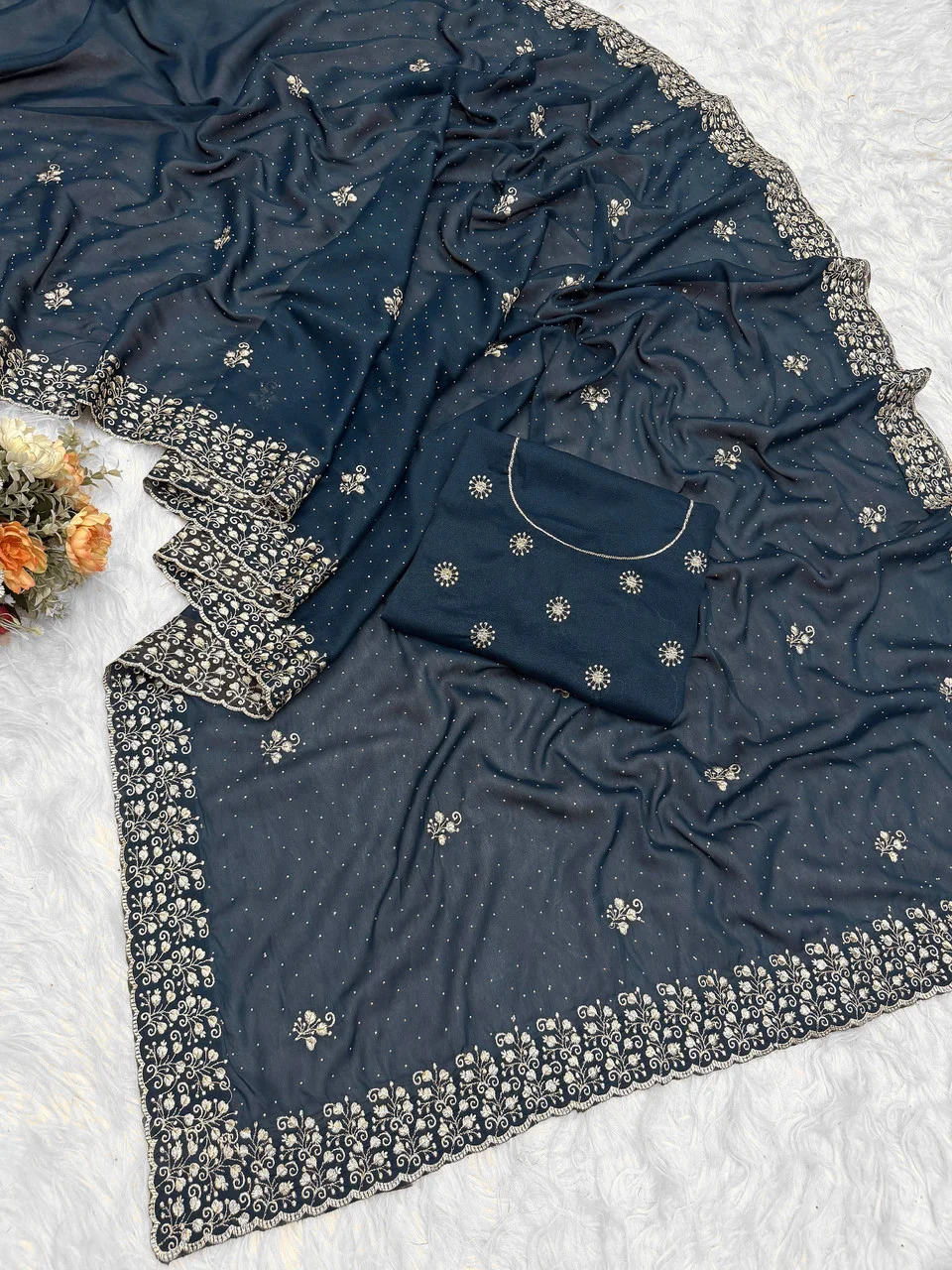 Georgette Brown Saree | Stylish Party Wear Saree for Women Blue Georgette Silk Saree Free Size image 4