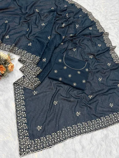 Georgette Brown Saree | Stylish Party Wear Saree for Women Blue Georgette Silk Saree Free Size thumbnail 3