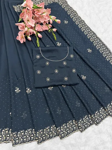 Georgette Brown Saree | Stylish Party Wear Saree for Women Blue Georgette Silk Saree Free Size thumbnail 0