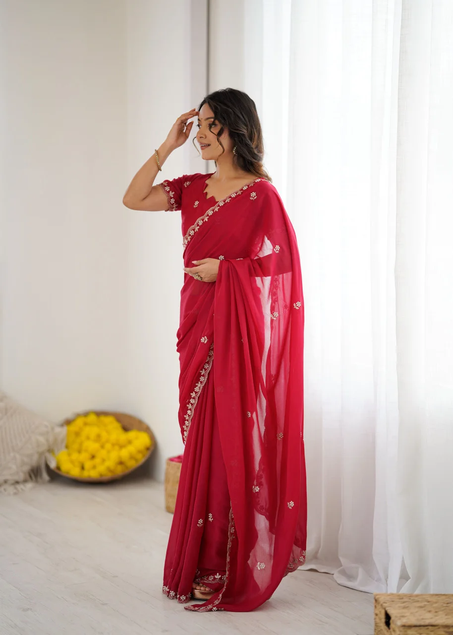 Georgette Brown Saree | Stylish Party Wear Saree for Women Maroon Georgette Saree Free Size image 2