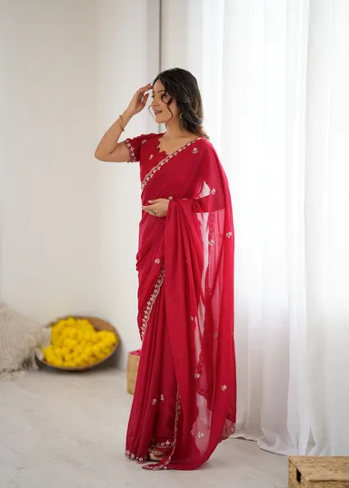 Georgette Brown Saree | Stylish Party Wear Saree for Women Maroon Georgette Saree Free Size thumbnail 1