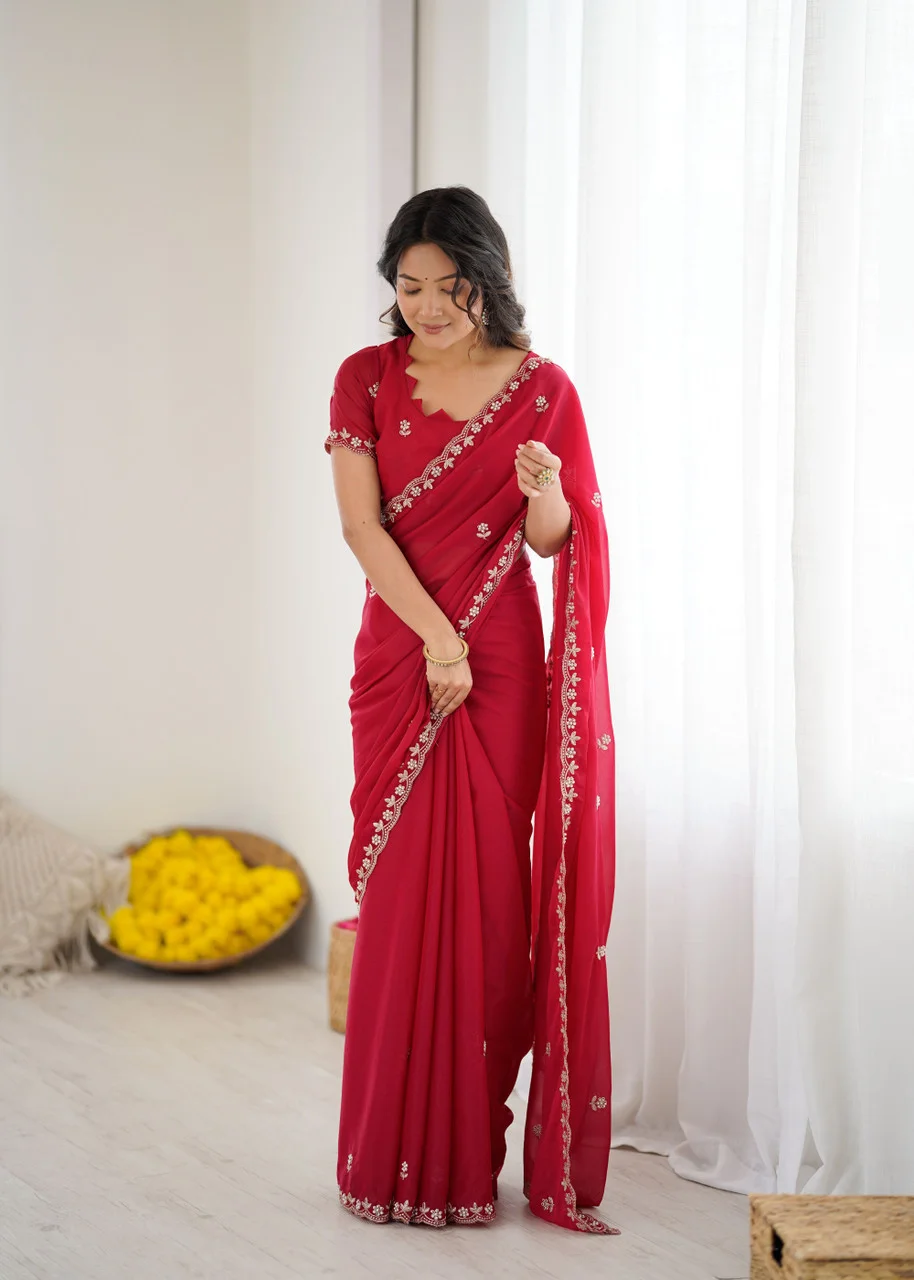 Georgette Brown Saree | Stylish Party Wear Saree for Women Maroon Georgette Saree Free Size image 3