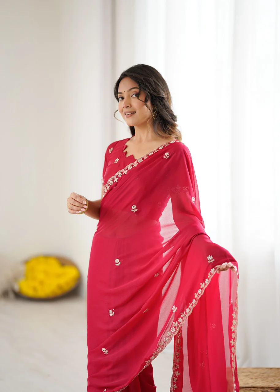 Georgette Brown Saree | Stylish Party Wear Saree for Women Maroon Georgette Saree Free Size image 4