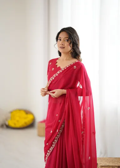 Georgette Brown Saree | Stylish Party Wear Saree for Women Maroon Georgette Saree Free Size thumbnail 4