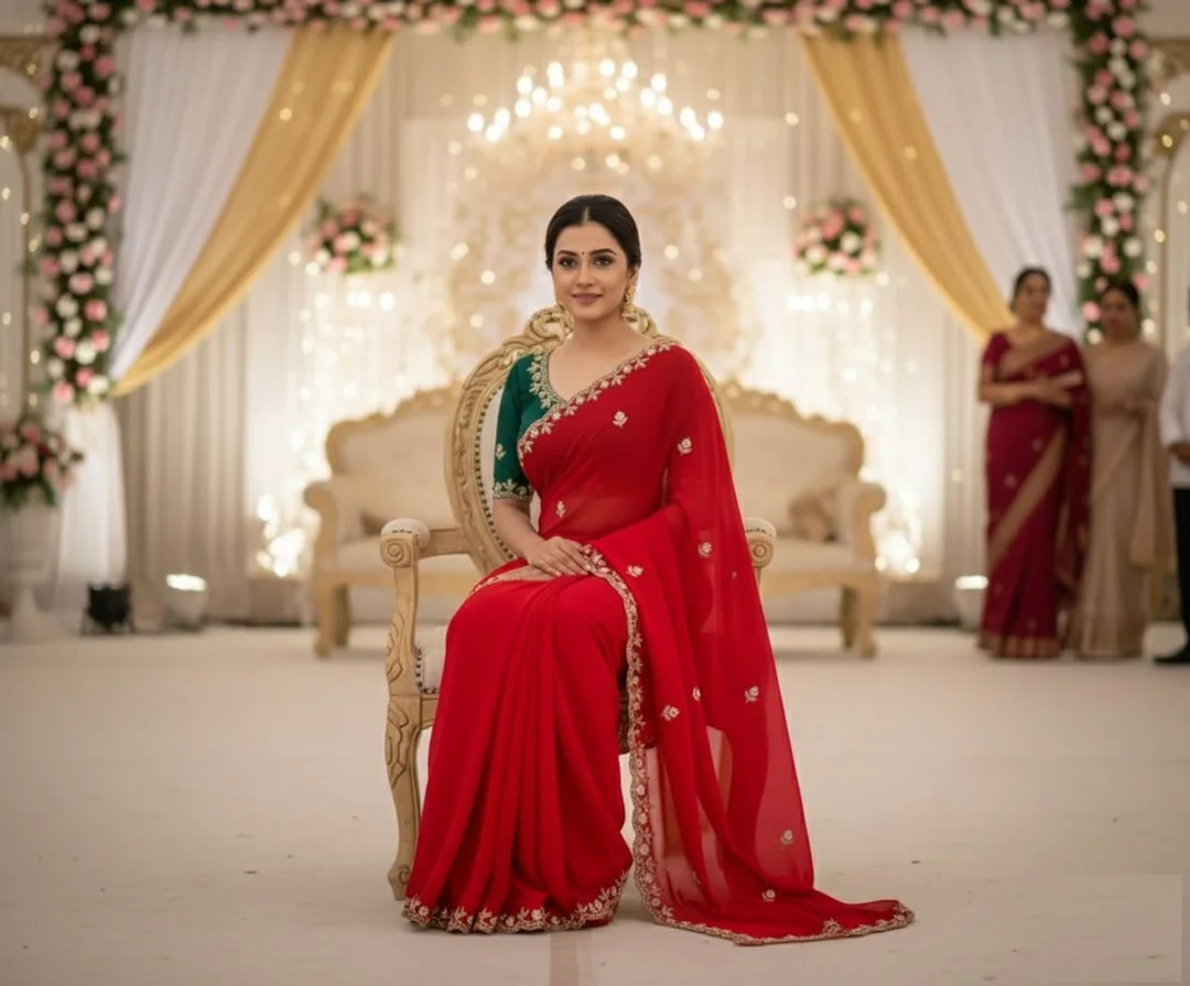 Georgette Brown Saree | Stylish Party Wear Saree for Women Red Georgette Saree Free Size image 2