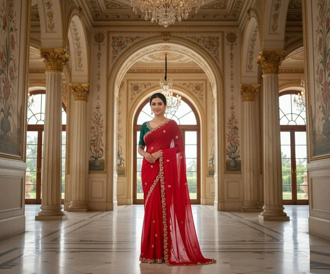 Georgette Brown Saree | Stylish Party Wear Saree for Women Red Georgette Saree Free Size image 3